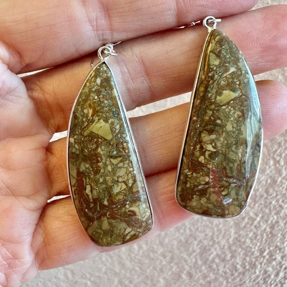 Jasper and silver tone drop earrings